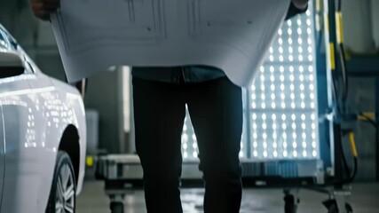 Aufkleber - A medium closeup of a technician reviewing installation blueprints with the bright illuminated LED display reflecting in the background.