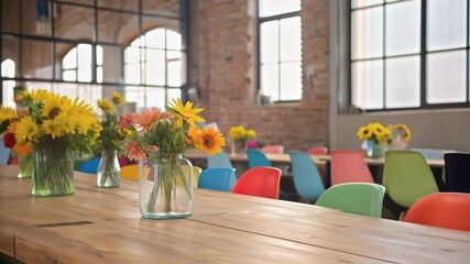 Poster - A medium closeup of a vibrant communal dining area setup featuring a large wooden table adorned with fresh flowers surrounded by colorful chairs.