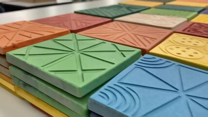 Aufkleber - A medium closeup of colorful acoustic wall tiles stacked neatly on a table highlighting the variety of shapes and vibrant colors chosen for the classroom.