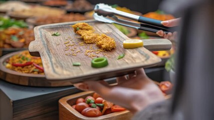 Poster - A medium closeup of diverse international street food dishes being served from a stall with an array of colors and textures presented on wooden platters appealing to a variety of