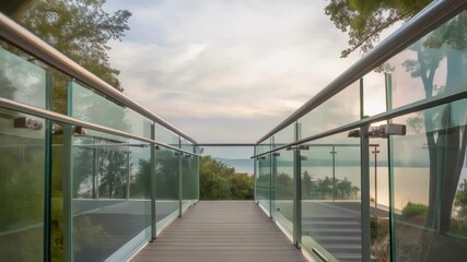 Aufkleber - A medium closeup of repurposed glass railings that give an unobstructed view of the surrounding landscape with reflections of the tree canopy above.