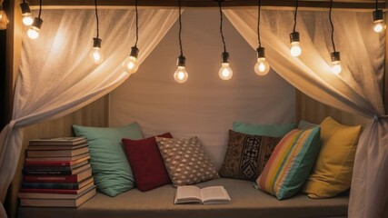 Poster - A medium closeup of soft warm LED lighting fixtures hanging from the ceiling illuminating a cozy reading nook with plush seating and colorful pillows.