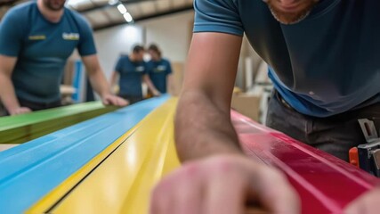 Poster - A medium closeup shot capturing a team member carefully sanding down a recycled plastic plank revealing its vibrant color and smooth surface.