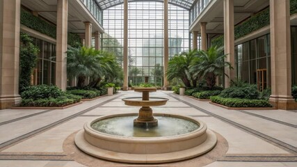 Poster - An expansive view showcasing a central atrium fountain surrounded by wide pathways creating an open feeling while helping to diffuse pedestrian congestion.