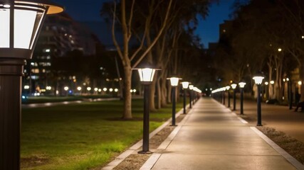 Aufkleber - A nighttime shot showcasing a row of illuminated solar streetlights casting soft light on a walking path creating a safe and inviting atmosphere in the public space.