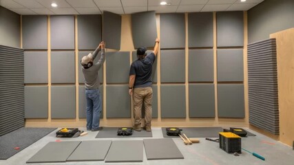 Aufkleber - An image capturing the installation of soundproof panels on the walls with workers carefully aligning materials and tools spread out on the floor emphasizing the attention to