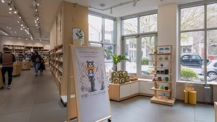 Aufkleber - An innovative gift shop showcasing sustainable products with displays made from recycled materials and emphasizing ethically sourced wildlifethemed merchandise.