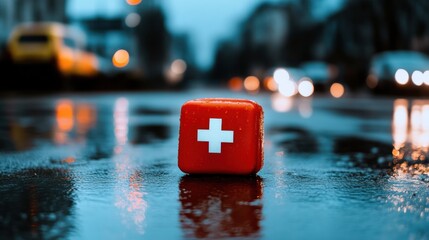 Poster - Urban Crisis Resilience Minimalist First Aid Kit Illuminating Emergency Response in Wet Cityscape - Climate Adaptive Safety Solutions for Modern Rapid Intervention