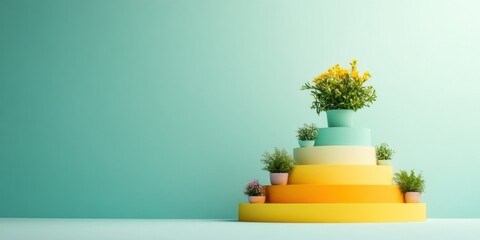 Aufkleber - Gradient Growth Visualization Minimalist Tiered Plant Display Symbolizing Strategic Business Scaling, Innovation, and Entrepreneurial Progression in Pastel Color Palette