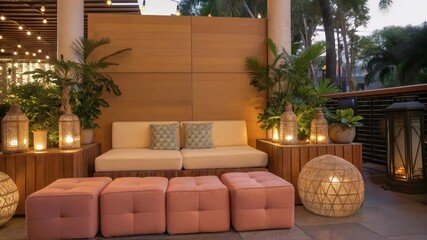 Aufkleber - An inviting lounge area with plush seating made from reconfigurable foam blocks surrounded by decorative potted plants and shimmering lanterns encouraging relaxation.