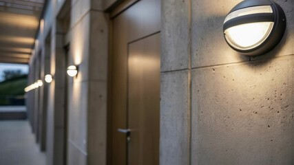 Aufkleber - An upclose view of a newly installed motion sensor light with its sleek casing and the surrounding concrete walls flushed with the soft illumination of the fixture.