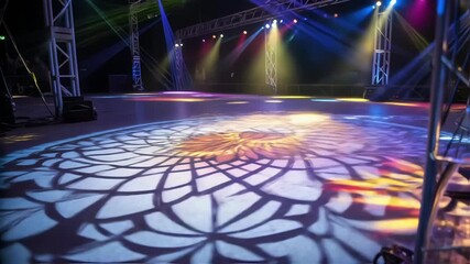 Poster - Closeup of a creative light design projected onto the stage floor with vibrant colors blending together and casting dynamic shadows from the rig above.