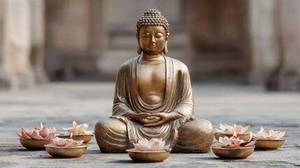 Aufkleber - Zen Minimalism Golden Buddha Meditation Statue with Lotus Candles - Mindful Wellness Decor for Holistic Lifestyle Branding and Spiritual Self-Care Trends
