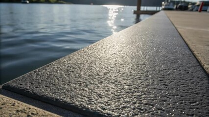 Aufkleber - Closeup of a freshly laid slipresistant surface on a ramp highlighting the rough texture that contrasts with the smooth water surface nearby capturing the moment sunlight reflects
