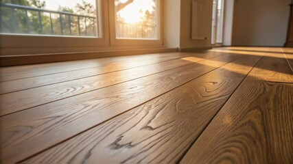 Leinwandbilder - Closeup of a freshly laid wooden floor showing the patterns in the grain and a hint of sunlight streaming through a nearby window illuminating the space.