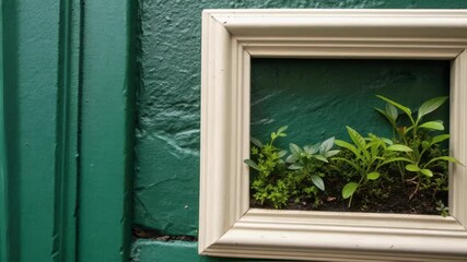 Poster - Closeup of a freshly painted frame for the green wall contrasting its deep tones against the vivid living plants starting to take root within it.