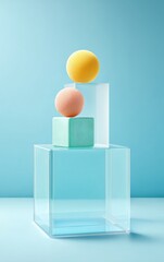 Poster - Minimalist Color Theory Geometric Balance and Soft Pastel Spheres on Translucent Crystal Platforms - Modern Design Visualization for Creative Branding