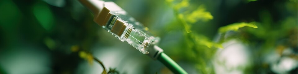 Fototapete - Hyperconnected Infrastructure Macro Ethernet Cable Installation with Transparent Connector - Next-Gen Networking, Digital Resilience and Sustainable Tech Visualization