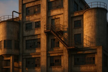 Poster - Dawn Light on a Concrete Factory Structure with Industrial Features