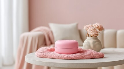 Poster - Soft Pink Minimalist Home Office Decor Aesthetic Wellness Product Styling with Pastel Neutrals - Contemporary Workspace Tranquility and Brand Storytelling