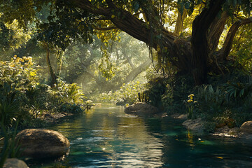 Poster - Serene jungle stream flows through lush greenery, sunlight dappling the water's surface, creating a tranquil and idyllic scene, perfect for nature or relaxation themes