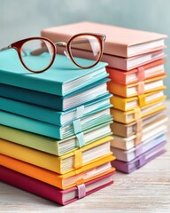 Aufkleber - Chromatic Knowledge Ecosystem Minimalist Book Stack with Vintage Eyewear - Inspiring Learning Aesthetics for Digital Creators and Educational Content Marketing