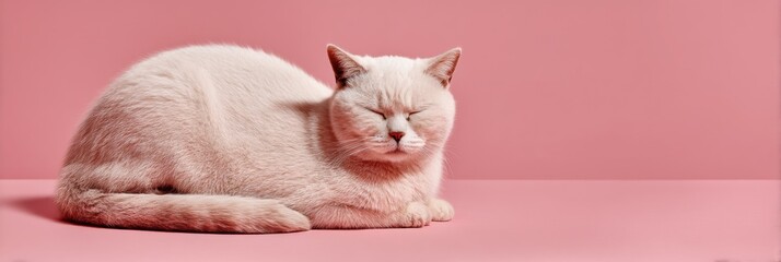 Poster - Minimalist Monochrome Pet Serenity Soft Pink Aesthetic Cat Relaxation Scene Capturing Contemporary Calm and Lifestyle Wellness Trends
