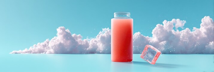 Poster - Minimalist Hydration Revolution Sleek 450ml Coral Wellness Bottle with Digital Sky Aesthetic - Trendsetting Beverage Design for Modern Lifestyle Optimization