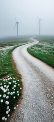 Poster - Eco-Innovative Journey Renewable Energy Landscape with Misty Wind Turbines and Wildflower Meadows - Sustainable Transformation Narrative
