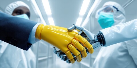 Fototapete - Emerging AI Collaboration Vibrant Human-Robot Handshake Visualizing Future Tech Innovation, Digital Transformation, and Intelligent Partnership in Next-Gen Workplace Dynamics