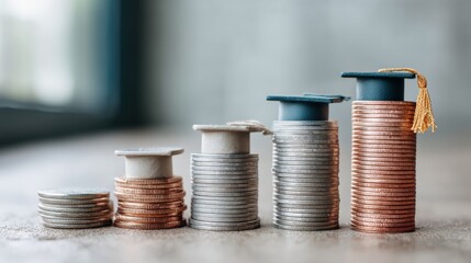Poster - Gen Z Financial Empowerment Innovative Coin Stacks with Graduation Caps Visualizing Educational Investment, Wealth Growth, and Strategic Savings for Future Success