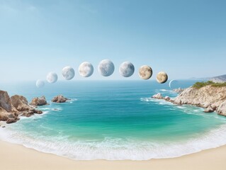 Poster - Celestial Serenity Lunar Evolution Over Tranquil Coastal Landscape - Mindful Astronomy Visualization for Digital Wellness and Creative Inspiration