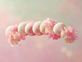 Poster - Ethereal Lunar Bloom Pastel Moon Phases Adorned with Soft Pink Hydrangeas - Celestial Wellness and Mindful Design Inspiration