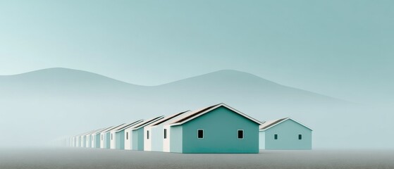 Poster - Minimalist Suburban Investment Landscape Pastel Modern Housing Development Showcasing Sustainable Urban Expansion and Architectural Uniformity in Emerging Market Zones