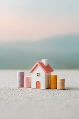 Poster - Minimalist Real Estate Investment Visualization Soft-Toned Miniature House with Stacked Coins Illustrating Financial Strategy and Market Resilience