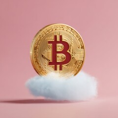 Poster - Ethereal Crypto Visualization Golden Bitcoin Floating on Soft Cloud - Innovative Digital Asset Representation for Fintech Marketing and Blockchain Branding