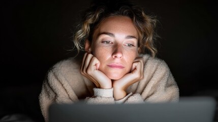 Poster - Digital Exhaustion and Burnout Millennial Remote Workers Late-Night Reflection in Soft Loungewear - Authentic Wellness Content for Modern Professional Resilience