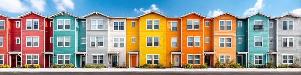 Poster - Modern Affordable Housing Spectrum Vibrant Urban Townhouse Development Showcasing Inclusive Design, Sustainable Community Living, and Creative Architectural Diversity