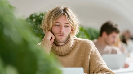 Leinwandbilder - Mindful Workspace Aesthetics Soft-Lit Collaborative Environments with Sustainable Design, Wellness-Focused Technology, and Gen Z Professional Flexibility