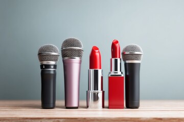 Fototapete - Minimalist Media Meets Beauty Tech Professional Microphone and Lipstick Aesthetic - Empowering Brand Communication and Creative Expression in Digital Era