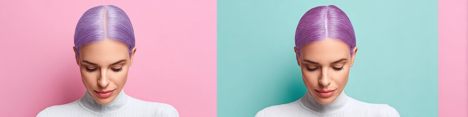 Leinwandbilder - Pastel Minimalist Hair Transformation Gen Z Aesthetic Color Evolution Showcasing Contemporary Soft Palette Personal Branding and Digital Identity Styling