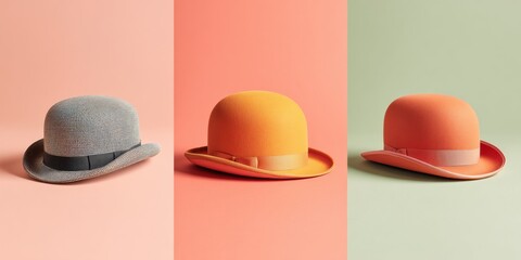 Aufkleber - Minimalist Color Block Heritage Classic Bowler Hat Series in Soft Pastel Palette - Contemporary Fashion Styling, Retro Accessories Reimagined for Digital Era