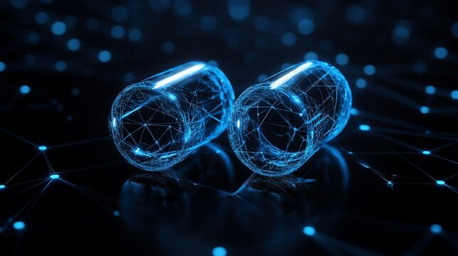 Two glowing capsules, outlined by digital network, on a dark surface.
