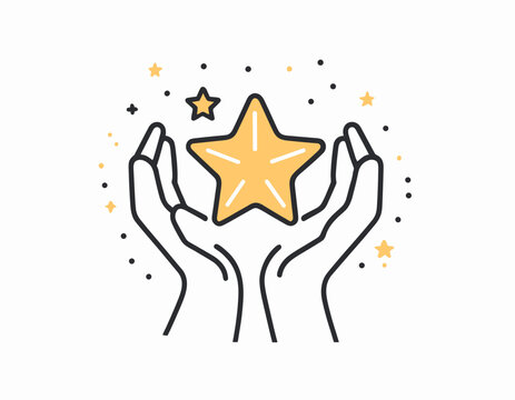 Grade quality, get reward, excellent result outline icon. Line sign human hand holding-hugging shining star symbol. Vector isolated pictograms for web on white background editable stroke.