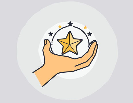 Grade quality, get reward, excellent result outline icon. Line sign human hand holding-hugging shining star symbol. Vector isolated pictograms for web on white background editable stroke.