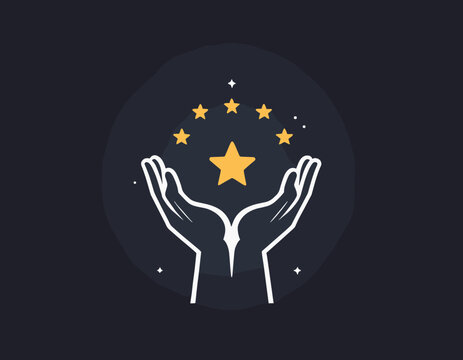 Grade quality, get reward, excellent result outline icon. Line sign human hand holding-hugging shining star symbol. Vector isolated pictograms for web on white background editable stroke.