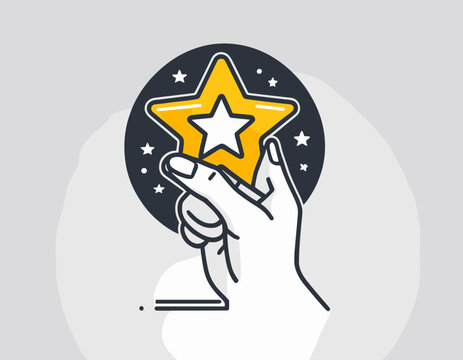 Grade quality, get reward, excellent result outline icon. Line sign human hand holding-hugging shining star symbol. Vector isolated pictograms for web on white background editable stroke.