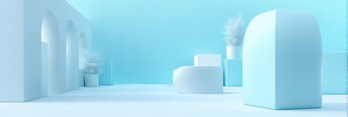 Leinwandbilder - Minimalist Azure Dreamscape Futuristic Product Display with Soft Geometric Shapes - Innovative Branding and Digital Marketing Visual Concept