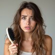 © Alex Pios - Young woman with messy brunette hair holds hairbrush, puzzled expression, neutral studio background, close-up, square shot.