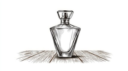 Poster - Amber Perfume Bottle Engraving Sketch - Elegant geometric amber perfume bottle sketch on wood, symbolizing luxury, fragrance, beauty, sophistication, and artistry